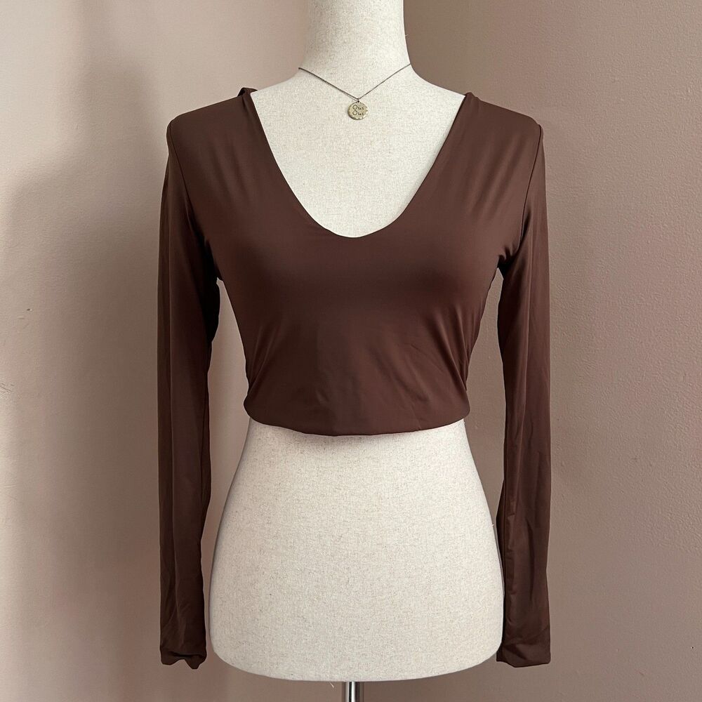 Bossa Brown Hooded Long Sleeve Crop Top y2k Going Out Model Off‎ Duty Size S